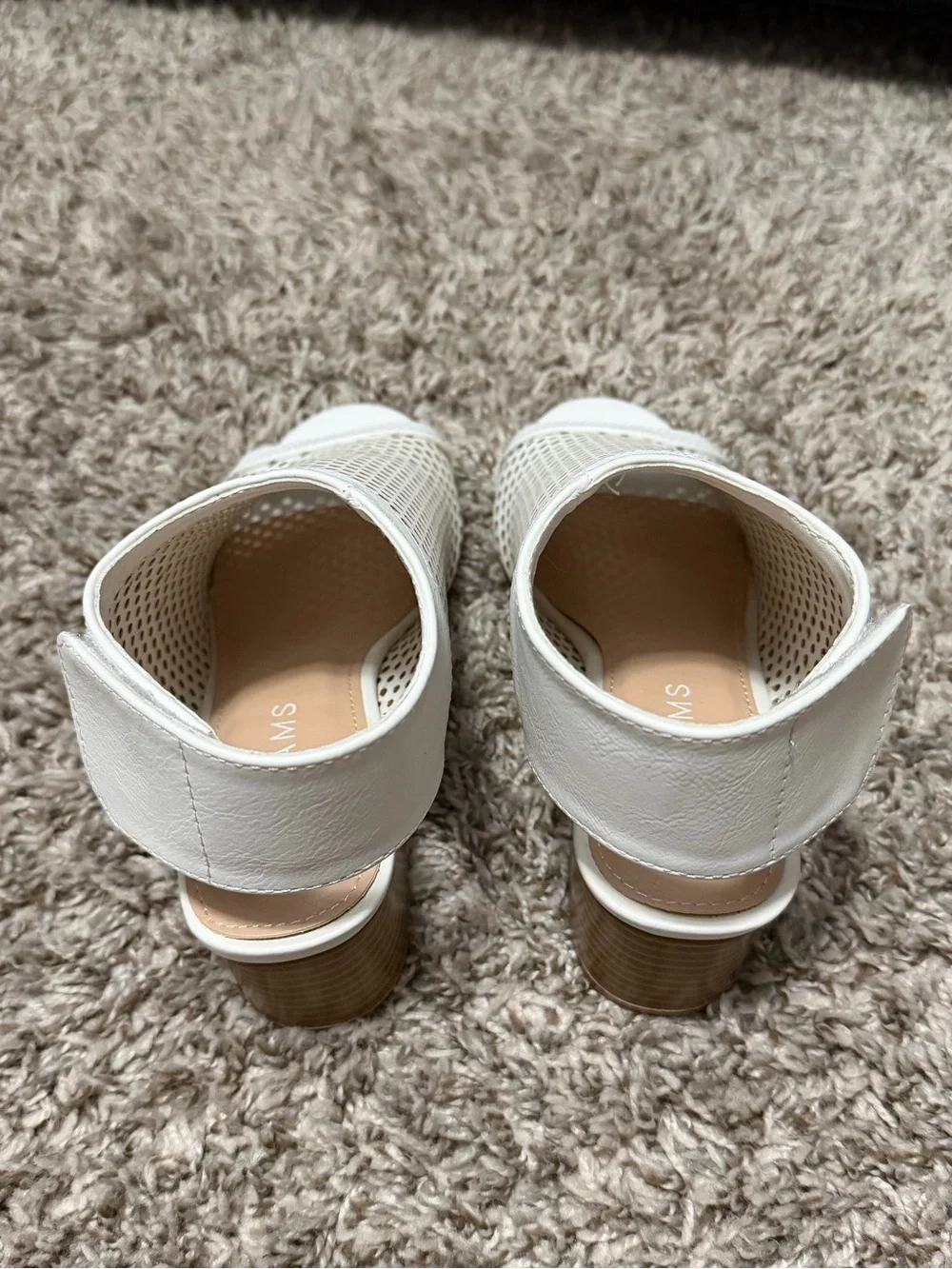 White Perforated Peep-Toe Block Heel Sandals for Women